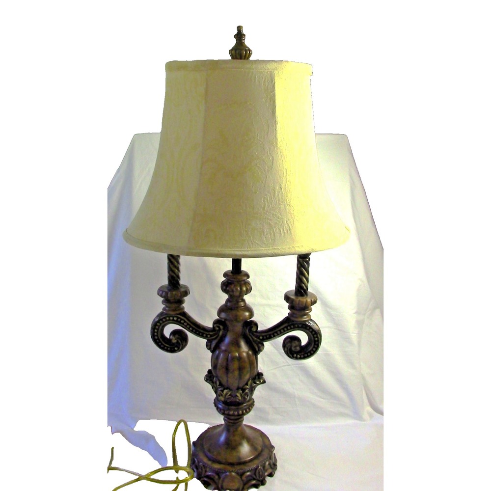 Vintage 30" Faux Mahogany Resin Table Lamp – Ornate Scroll Base w/Shade